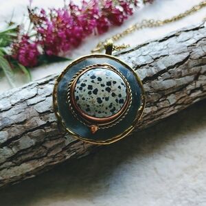 Artisan Made Mixed Metal And Dalmatian Jasper Pendant Necklace W Gold Tone Chain